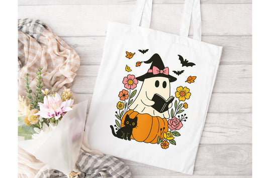Ghosty & Kitty reading on a pumpkin Tote Bag